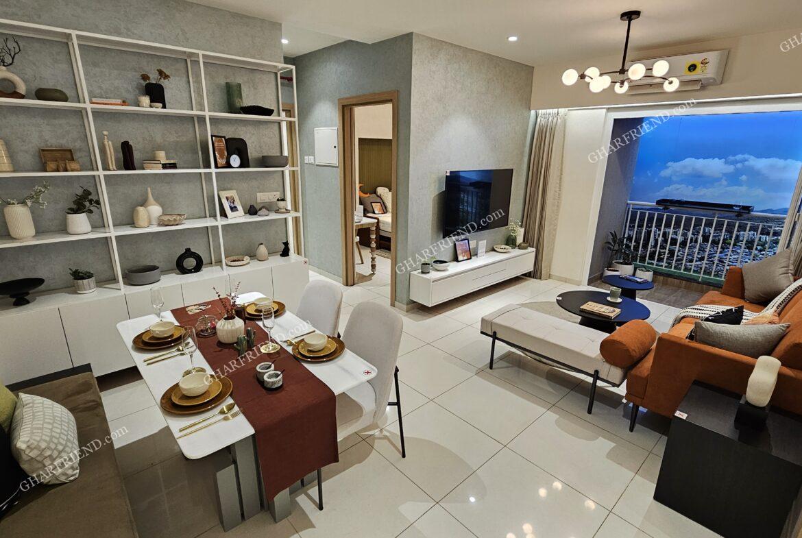 Spacious and elegantly designed living room in Mahindra Vista, Kandivali East, featuring modern interiors, premium finishes, and ample natural light.