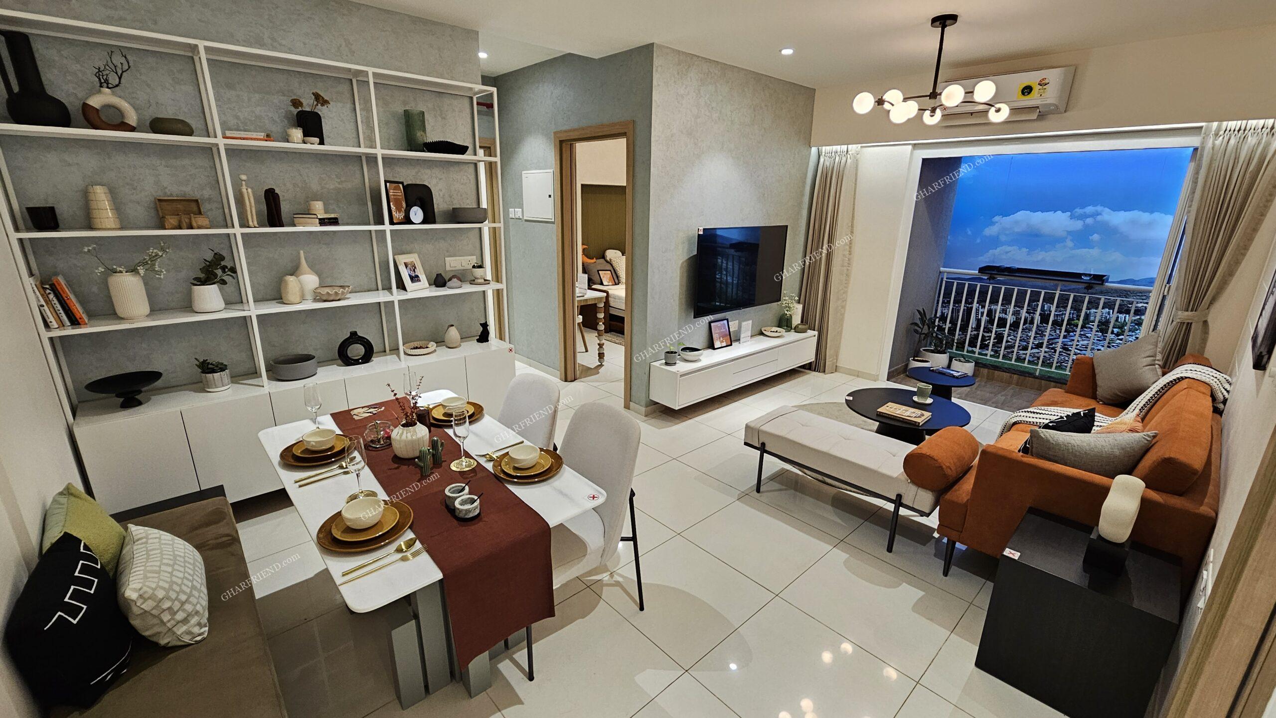 Spacious and elegantly designed living room in Mahindra Vista, Kandivali East, featuring modern interiors, premium finishes, and ample natural light.