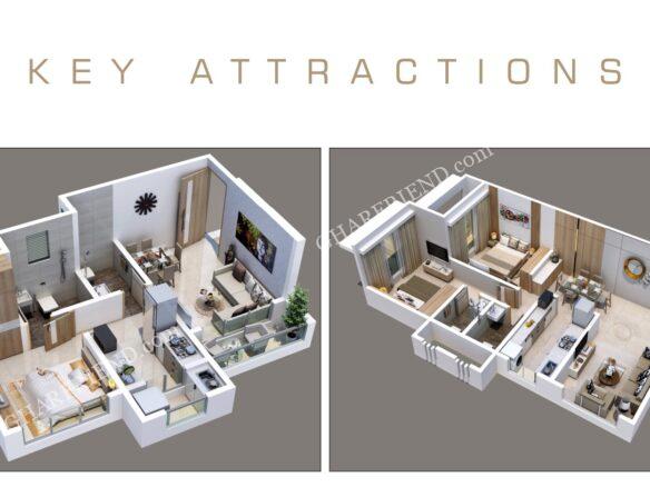 3D floor plan of 1 BHK and 2 BHK apartments in an under-construction residential project near Kashimira Junction, Mira Road.