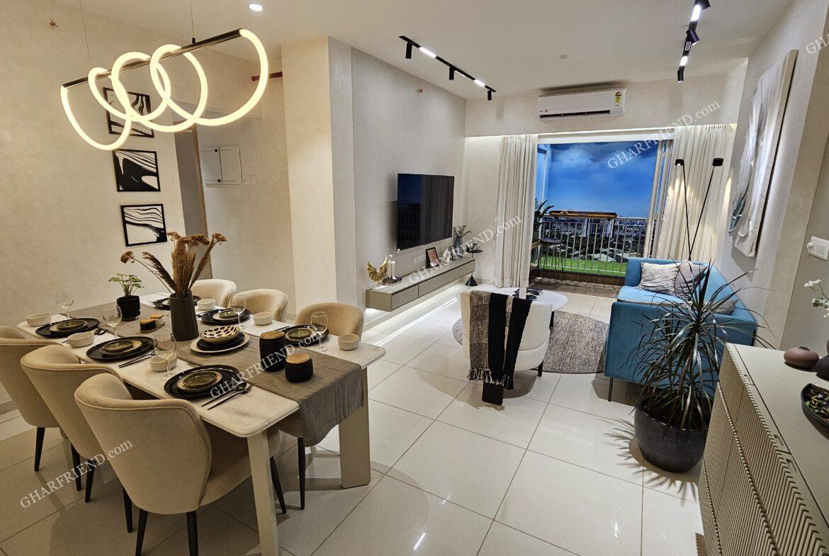 Spacious and elegantly designed living room in Mahindra Vista, Kandivali East, featuring modern interiors, premium finishes, and ample natural light.