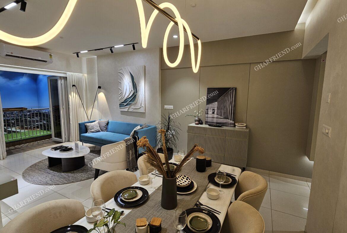 Spacious and elegantly designed living room in Mahindra Vista, Kandivali East, featuring modern interiors, premium finishes, and ample natural light.