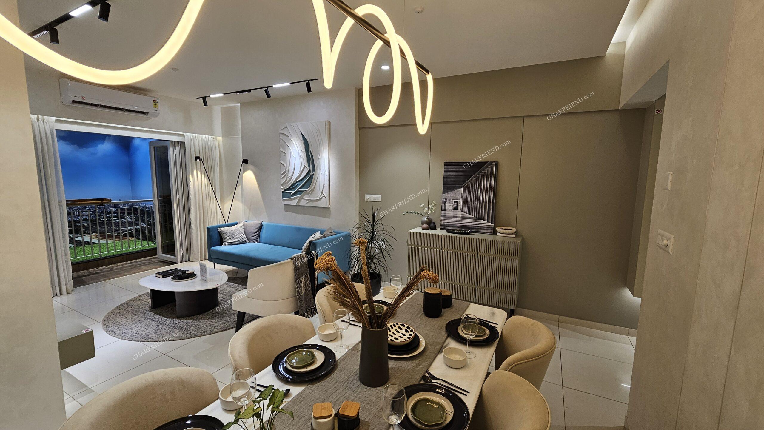 Spacious and elegantly designed living room in Mahindra Vista, Kandivali East, featuring modern interiors, premium finishes, and ample natural light.