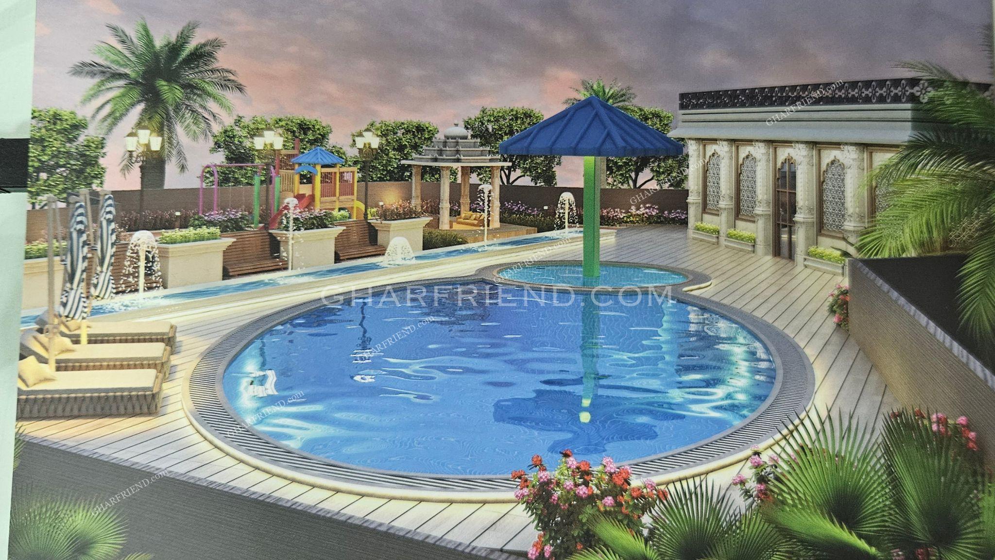 Luxurious swimming pool with crystal-clear water, surrounded by lounge chairs and lush greenery for a relaxing experience.