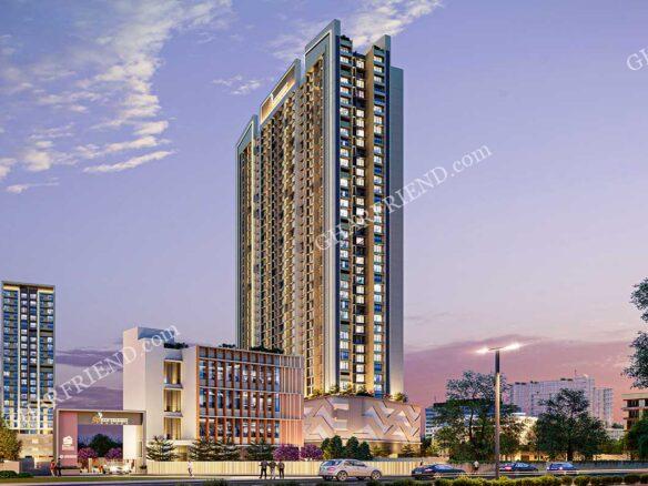 "High-rise residential tower in Kashimira, Mira Road, offering modern 1 & 2 BHK apartments." "Lush green garden with a peaceful ambiance in a premium residential complex at Mira Road." "Majestic 39-storey tower featuring spacious homes and world-class amenities." "Beautifully landscaped garden with walking trails and seating areas in a luxury apartment complex." "Modern residential project with open green spaces and premium facilities."
