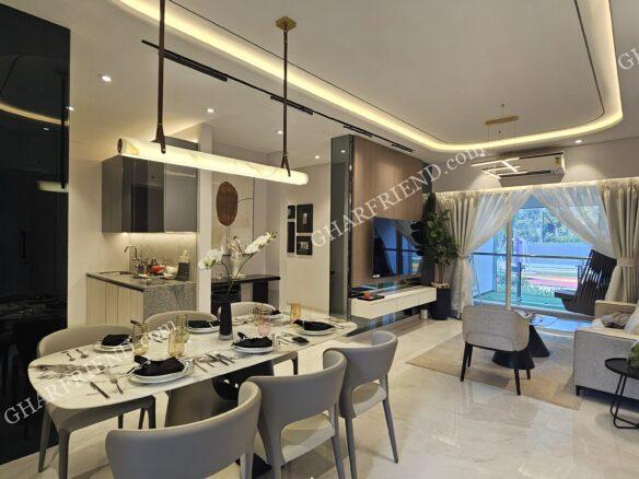 A spacious and elegantly designed living room in Anchor Point, Malad West, featuring modern interiors, ample natural light, and premium finishes for a luxurious lifestyle.