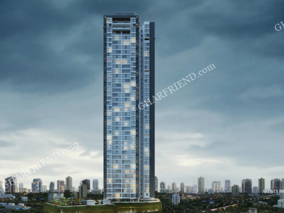 A towering 40-story residential high-rise of Dynamix Divum in Film City, Goregaon, surrounded by lush gardens and modern amenities, offering premium 2 BHK luxury apartments.
