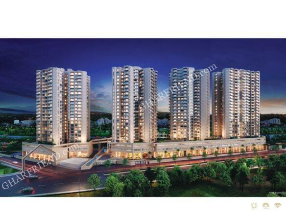 A modern high-rise residential tower in Sinhagad Road, Pune, featuring spacious 4 BHK apartments, contemporary architecture, and a premium living experience.