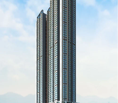 A towering 66-story luxury high-rise in Dahisar, featuring modern glass facades, sleek architecture, and premium residential apartments with stunning city views.