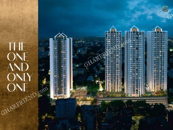 A modern high-rise residential tower near Patwardhan Baugh, Pune, surrounded by lush landscaped gardens with walking paths, green spaces, and serene seating areas, offering luxury living with world-class amenities.
