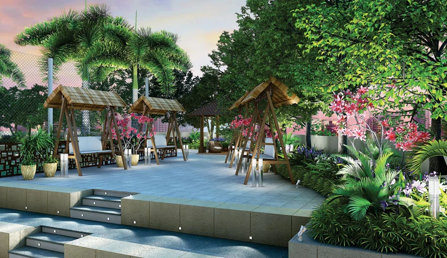 Senior Citizen Seating Area at Northern Hills – Relaxation & Comfort Redefined A peaceful seating area designed for senior citizens, surrounded by lush greenery and modern landscaping at Northern Hills, Dahisar East.