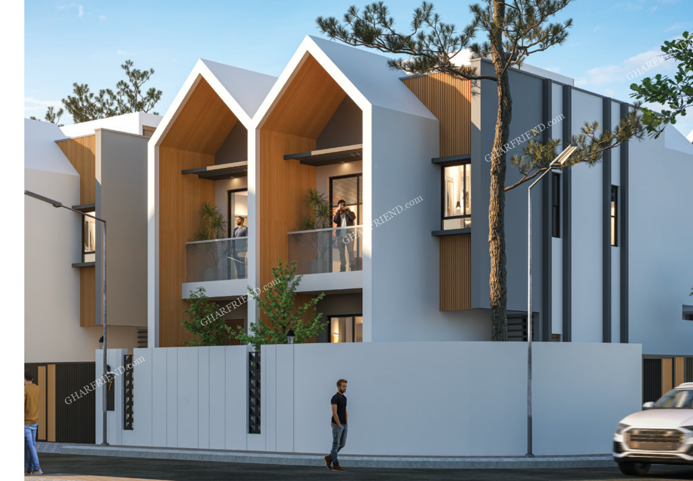 Modern twin-gable façade villa with private balconies at Estrella Villas, Bhayander West – premium duplex design with contemporary elevation