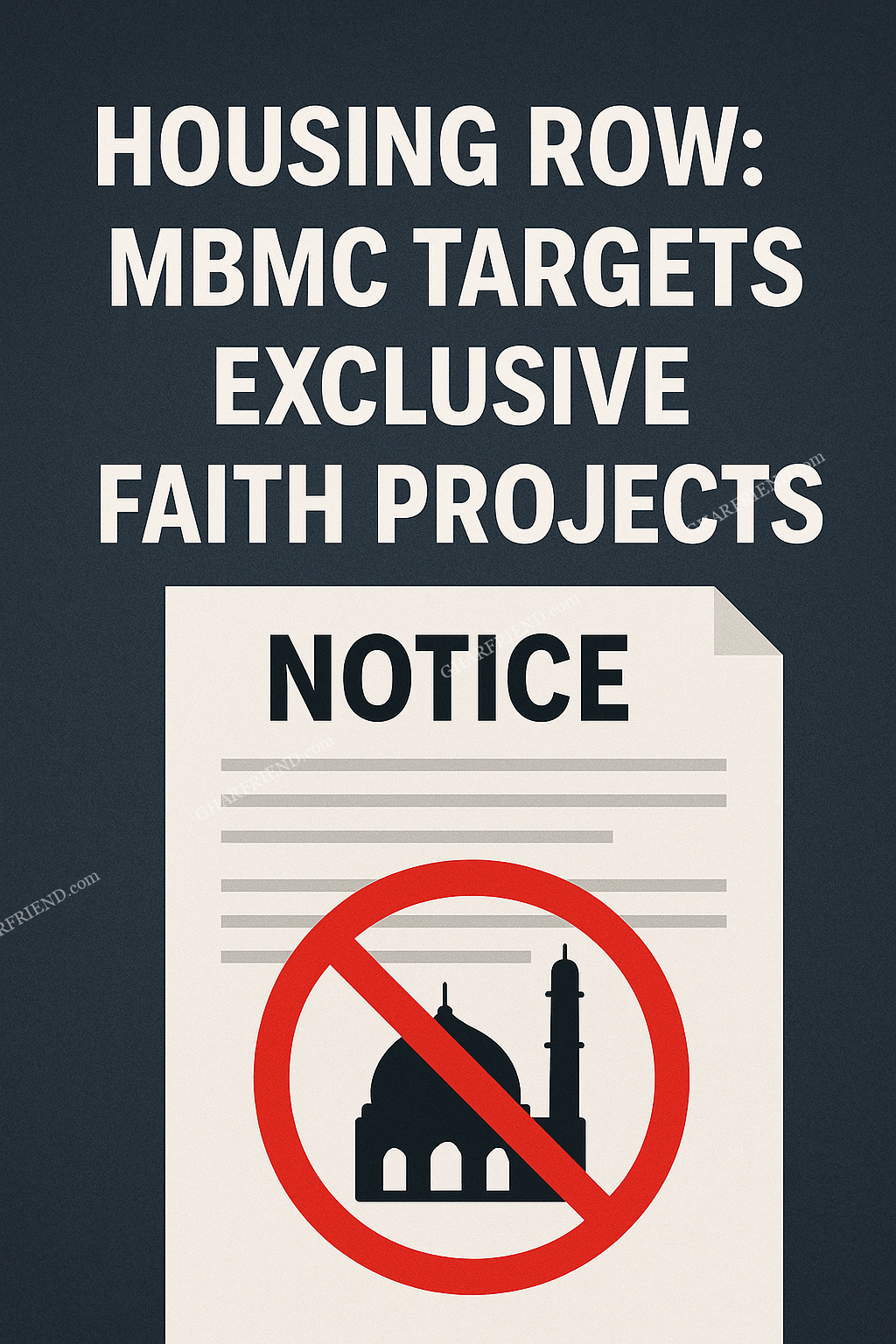Housing Row: MBMC Targets Exclusive Faith Projects - GharFriend A news-style thumbnail with bold white text “Housing Row: MBMC Targets Exclusive Faith Projects” on a dark background, next to a notice paper marked with a red prohibition symbol over a mosque icon.
