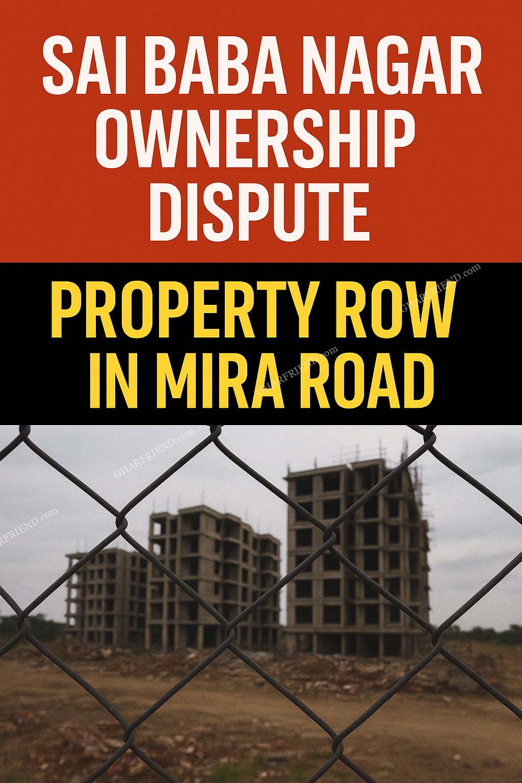 A news-style thumbnail with bold white and yellow text reading “Sai Baba Nagar Ownership Dispute – Property Row in Mira Road,” over an image of unfinished high-rise buildings behind a chain-link fence.