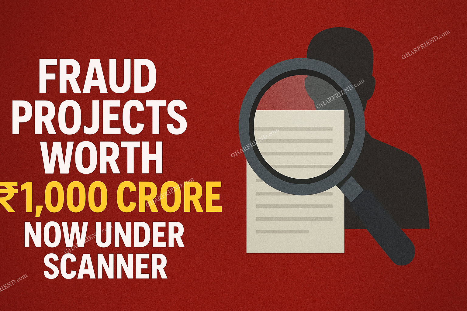 A magnifying glass examines a document next to a person's silhouette, with the text "FRAUD PROJECTS WORTH ₹1,000 CRORE NOW UNDER SCANNER" on a red background.