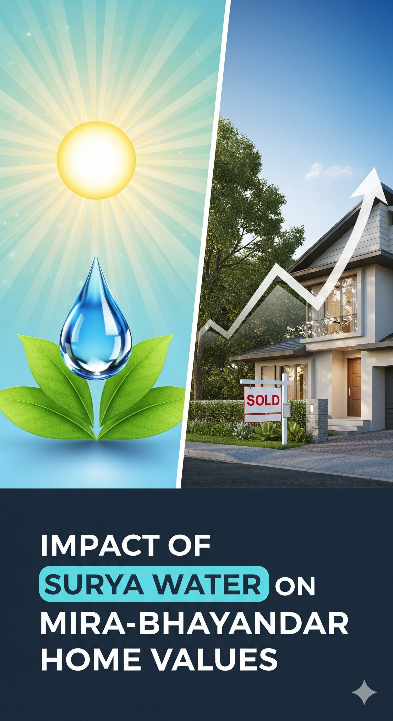 A vertical thumbnail divided into two sections. On the left, a stylized sun shines on a water droplet. On the right, a modern house with a 'Sold' sign and a white arrow pointing upward, symbolizing rising value. The title "IMPACT OF SURYA WATER ON MIRA-BHAYANDAR HOME VALUES" is at the bottom.
