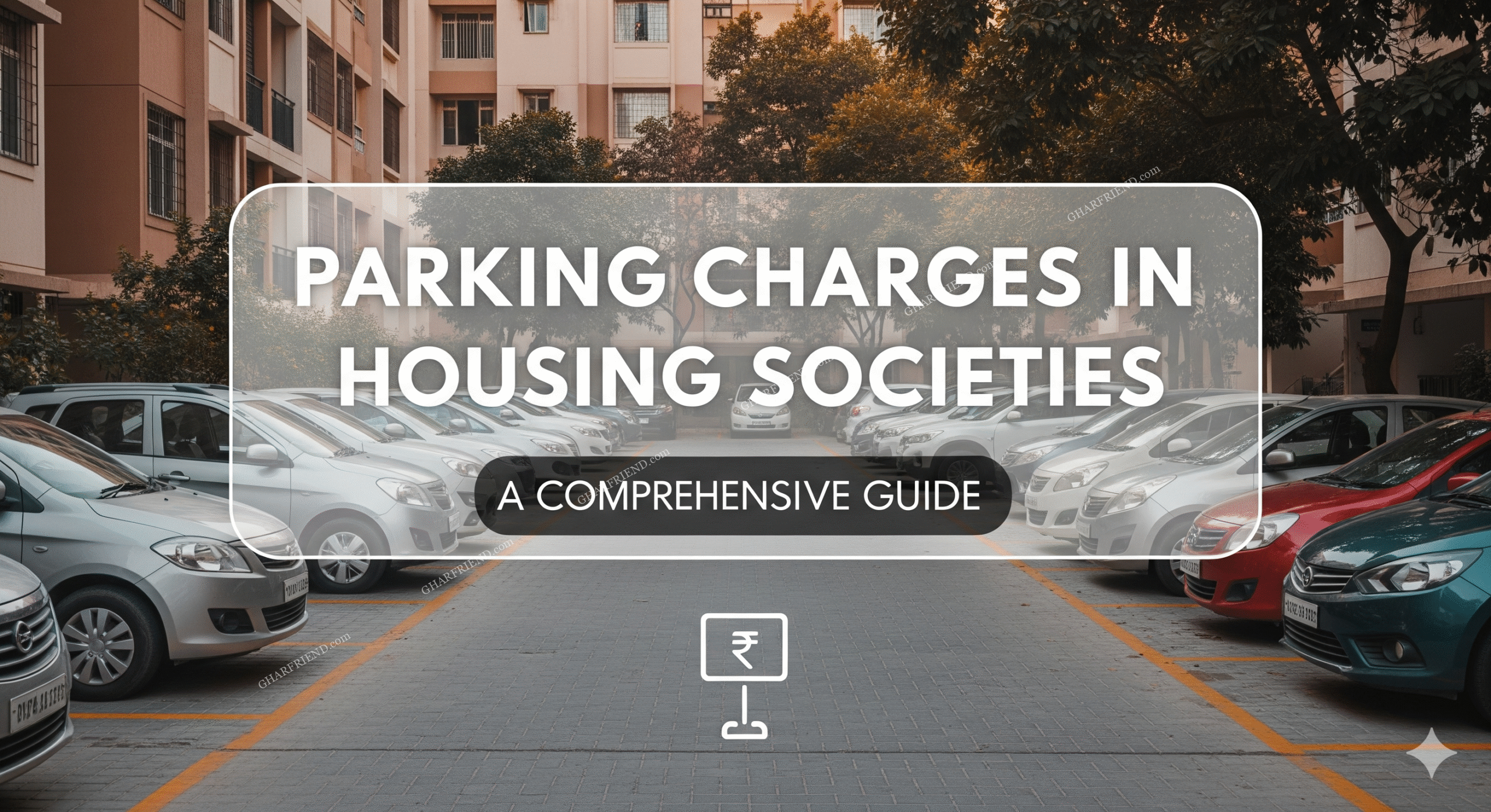 Parking lot in a housing society with cars and text: "PARKING CHARGES IN HOUSING SOCIETIES - A COMPREHENSIVE GUIDE."