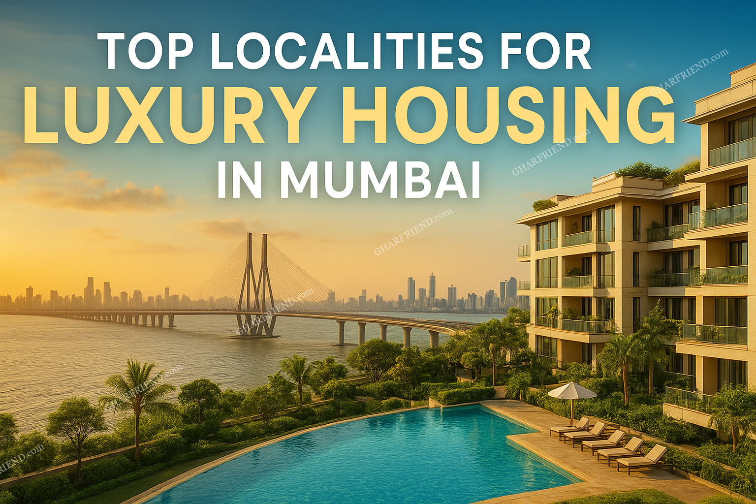 A stunning sunset view of Mumbai’s Bandra-Worli Sea Link with a modern luxury apartment and infinity pool in the foreground, representing premium housing locations in Mumbai.
