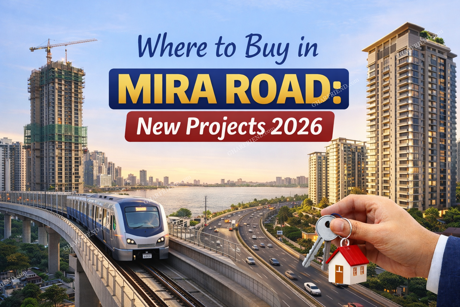 Modern high-rise apartments and metro line in Mira Road with text highlighting new residential projects launching in 2026.