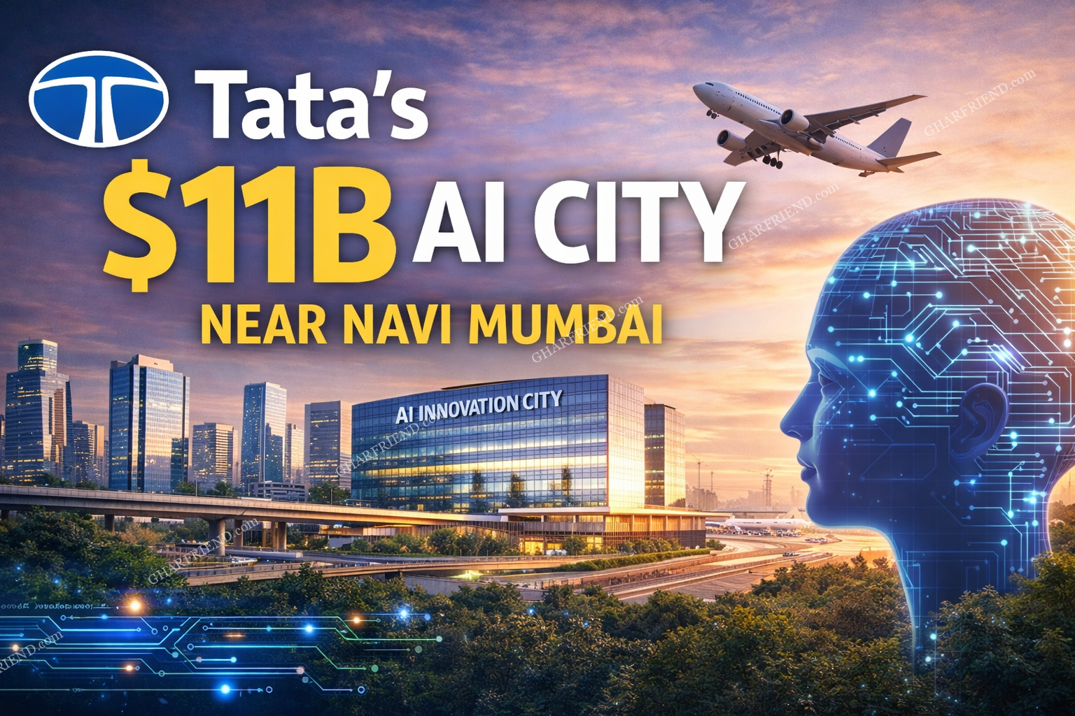 Tata $11B AI Innovation City near Navi Mumbai with futuristic tech skyline