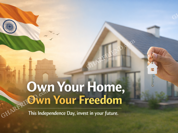 Independence Day themed real estate banner showing Indian flag, modern house, and house key symbolizing home ownership and freedom