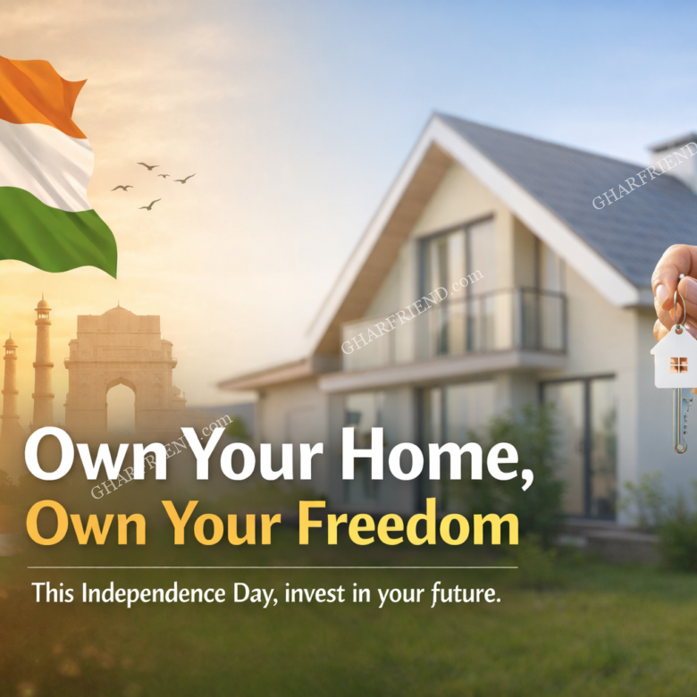 Independence Day themed real estate banner showing Indian flag, modern house, and house key symbolizing home ownership and freedom