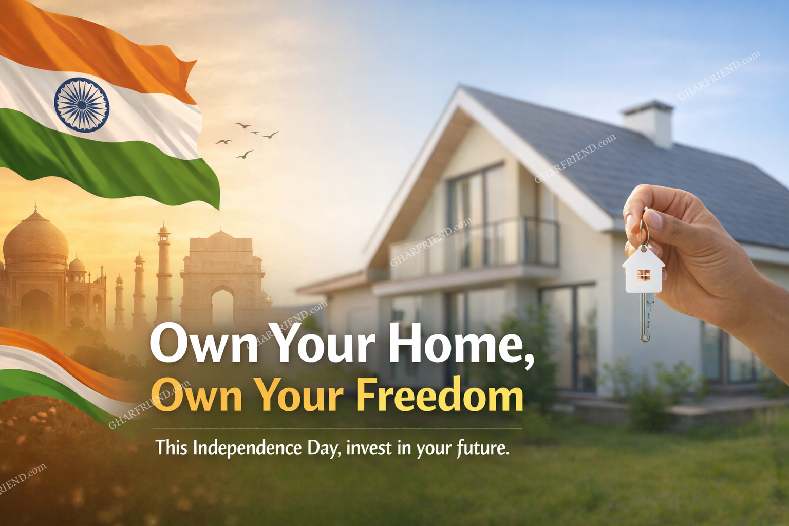 Independence Day themed real estate banner showing Indian flag, modern house, and house key symbolizing home ownership and freedom