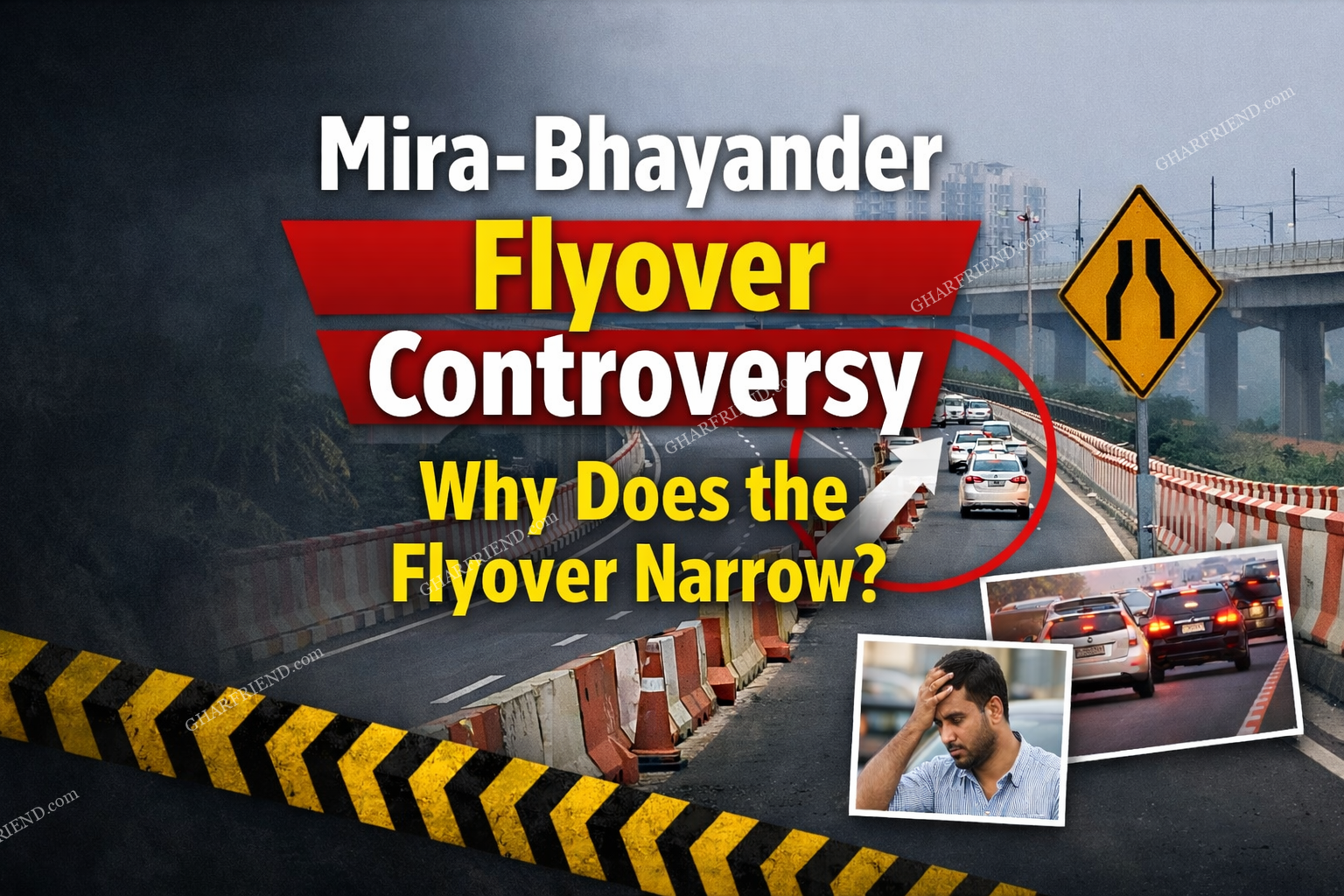 Mira-Bhayander flyover showing four lanes narrowing into two lanes with traffic congestion and warning sign, highlighting the design controversy