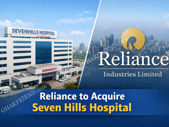 Modern exterior view of Seven Hills Hospital in Mumbai beside Reliance Industries branding, representing Reliance’s acquisition of the hospital.