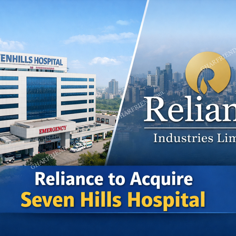 Modern exterior view of Seven Hills Hospital in Mumbai beside Reliance Industries branding, representing Reliance’s acquisition of the hospital.