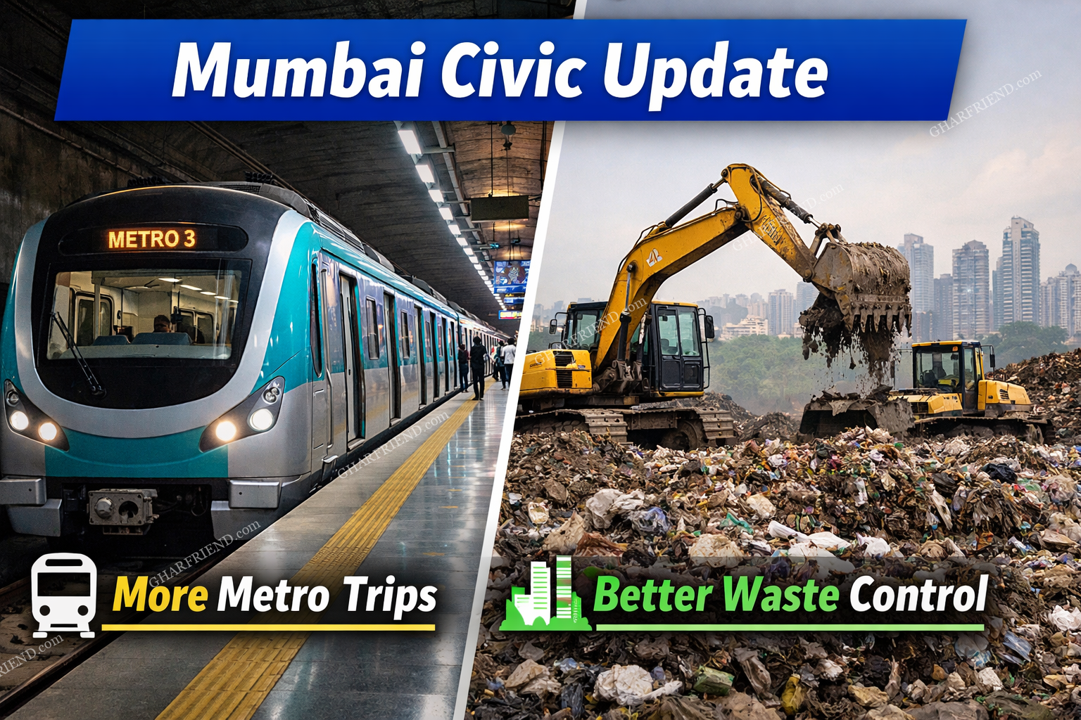 Mumbai civic update showing Metro Line 3 train and BMC landfill waste management improvements