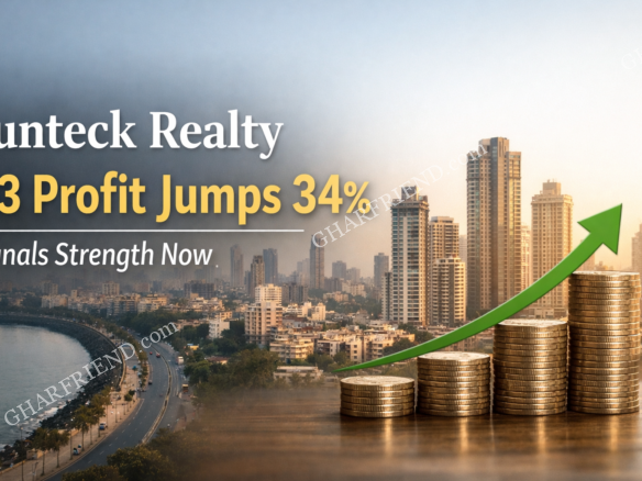 Thumbnail showing Mumbai skyline with modern high-rise towers and text highlighting Sunteck Realty Q3 profit jump of 34% with upward growth arrow and coins