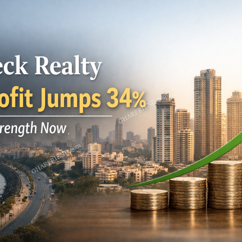Thumbnail showing Mumbai skyline with modern high-rise towers and text highlighting Sunteck Realty Q3 profit jump of 34% with upward growth arrow and coins