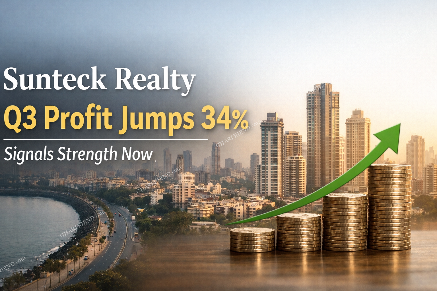 Thumbnail showing Mumbai skyline with modern high-rise towers and text highlighting Sunteck Realty Q3 profit jump of 34% with upward growth arrow and coins